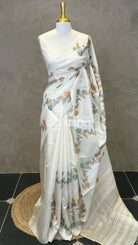 LINEN TUSSAR SILK EMBROIDERY SAREE - PALE WHITE