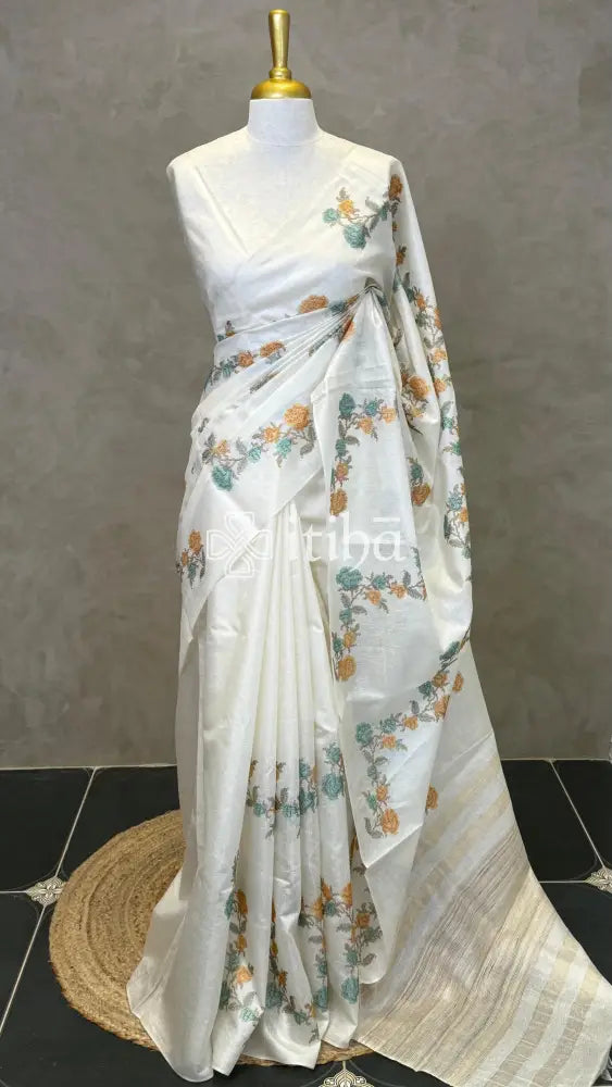 LINEN TUSSAR SILK EMBROIDERY SAREE - PALE WHITE