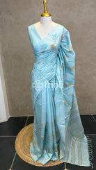 LINEN TUSSAR SILK EMBROIDERY SAREE - PASTEL AQUA GREEN
