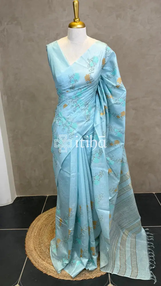 LINEN TUSSAR SILK EMBROIDERY SAREE - PASTEL AQUA GREEN
