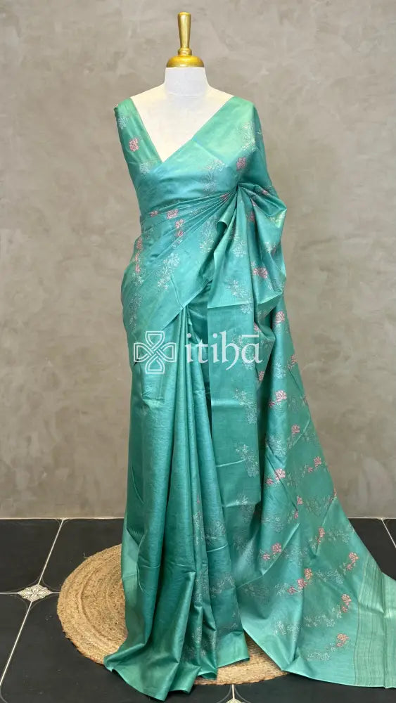 LINEN TUSSAR SILK EMBROIDERY SAREE - PASTEL GREEN