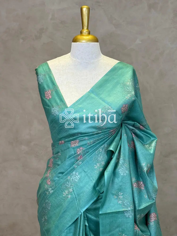 LINEN TUSSAR SILK EMBROIDERY SAREE - PASTEL GREEN