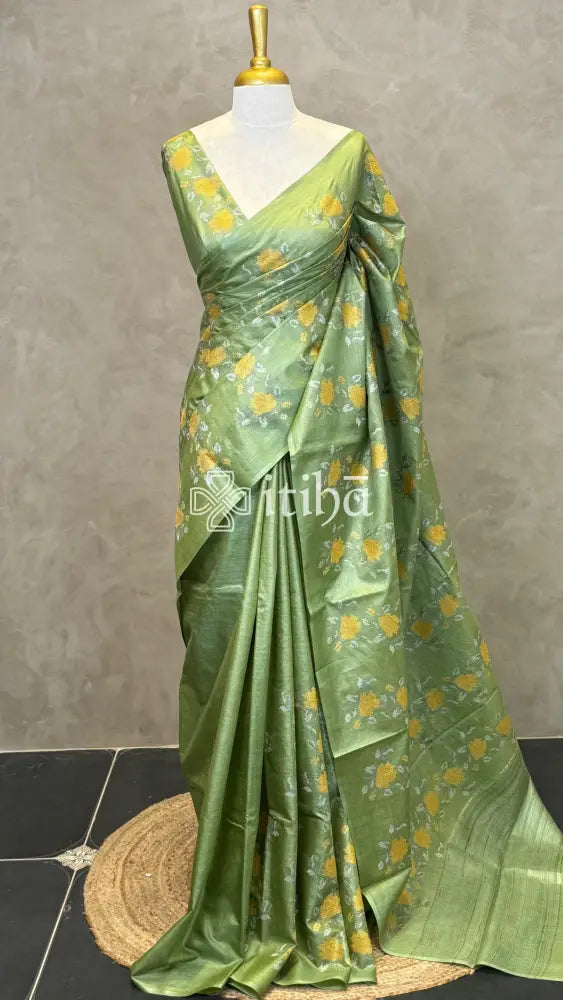 LINEN TUSSAR SILK EMBROIDERY SAREE - PASTEL GREEN