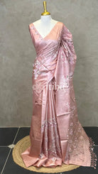 LINEN TUSSAR SILK EMBROIDERY SAREE - PASTEL PINK