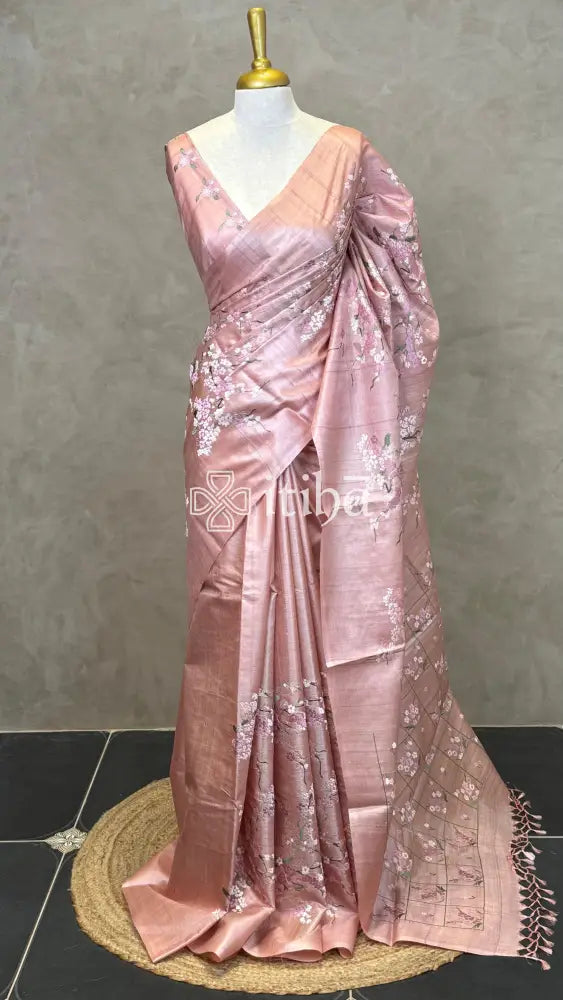 LINEN TUSSAR SILK EMBROIDERY SAREE - PASTEL PINK