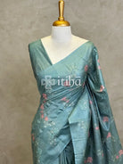 LINEN TUSSAR SILK EMBROIDERY SAREE - PASTEL SAGE GREEN