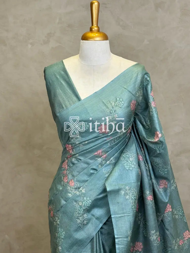 LINEN TUSSAR SILK EMBROIDERY SAREE - PASTEL SAGE GREEN