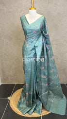 LINEN TUSSAR SILK EMBROIDERY SAREE - PASTEL SAGE GREEN
