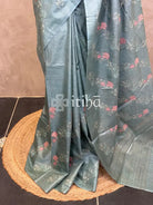 LINEN TUSSAR SILK EMBROIDERY SAREE - PASTEL SAGE GREEN