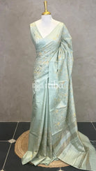 LINEN TUSSAR SILK EMBROIDERY SAREE - PASTEL SAGE GREEN