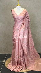 LINEN TUSSAR SILK EMBROIDERY SAREE - PEACH
