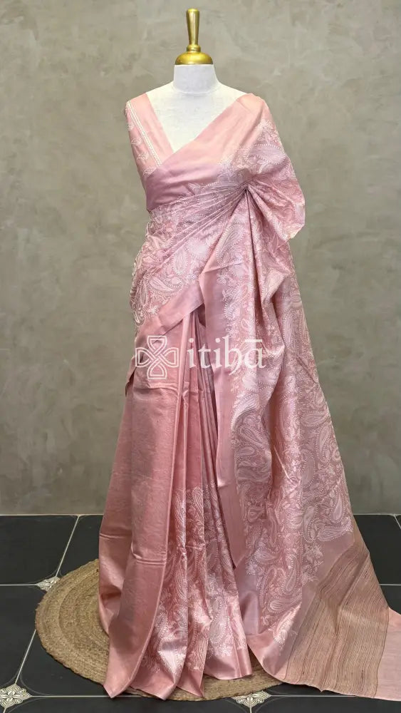 LINEN TUSSAR SILK EMBROIDERY SAREE - ROSE PINK