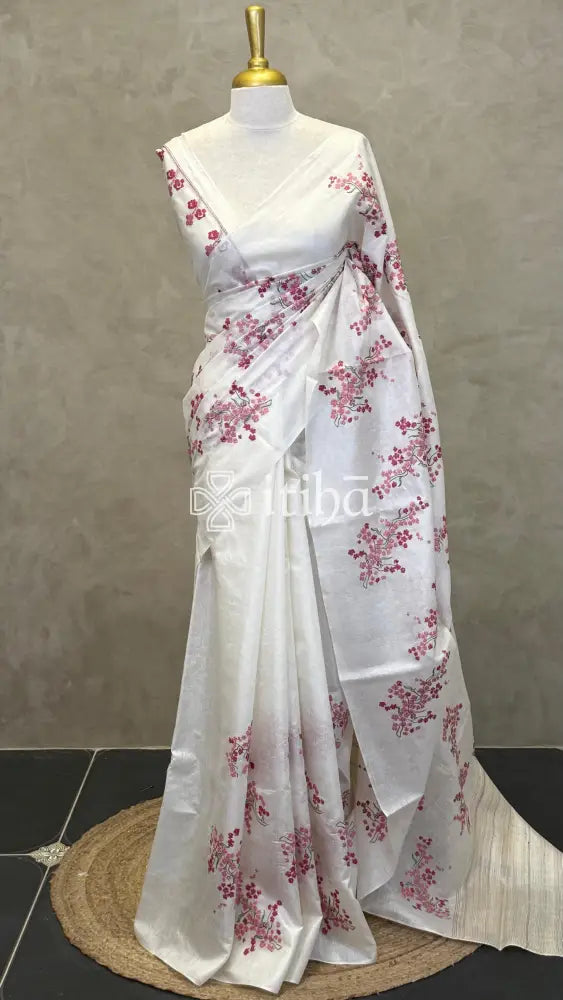 LINEN TUSSAR SILK EMBROIDERY SAREE - ROSE PINK