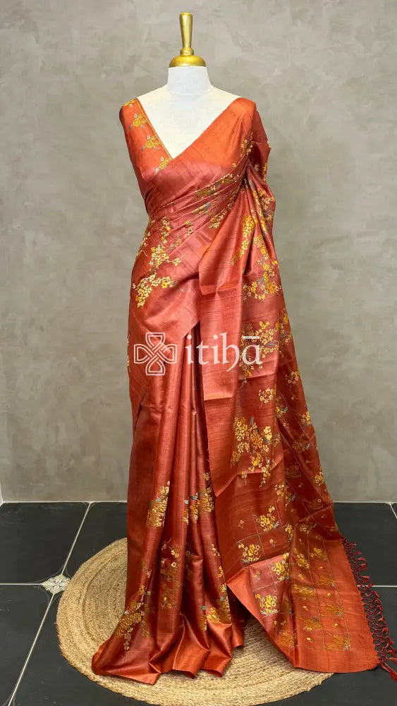 LINEN TUSSAR SILK EMBROIDERY SAREE - RUST ORANGE