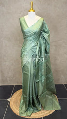 LINEN TUSSAR SILK EMBROIDERY SAREE - SEA GREEN