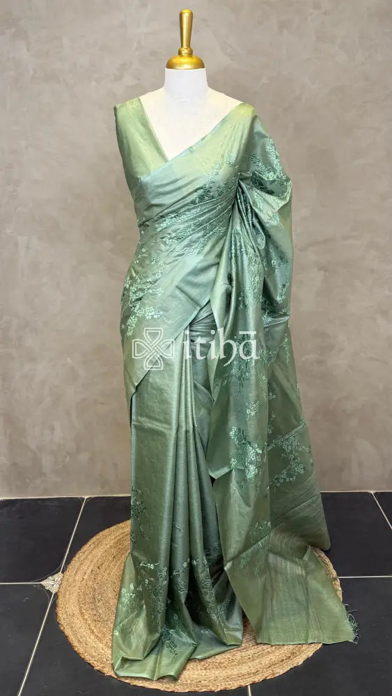 LINEN TUSSAR SILK EMBROIDERY SAREE - SEA GREEN