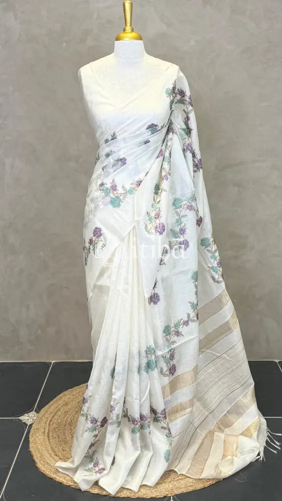 LINEN TUSSAR SILK EMBROIDERY SAREE - White