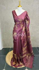 LINEN TUSSAR SILK EMBROIDERY SAREE - WINE MAROON