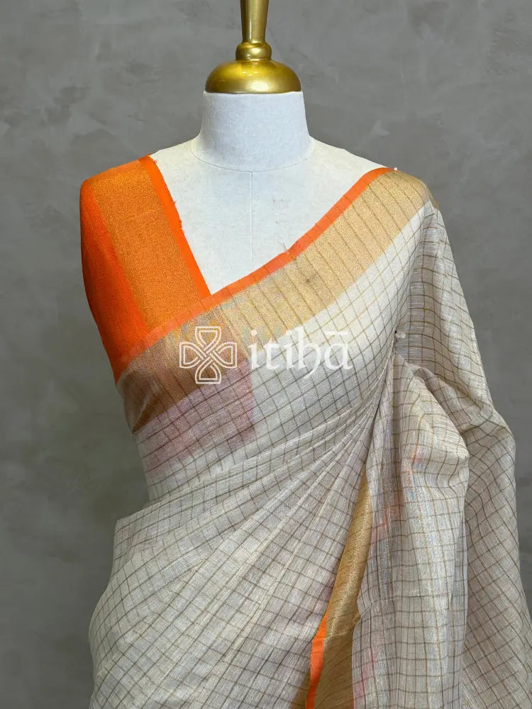 LINEN ZARI CHECKS ORANGE BORDER ONAM SAREE