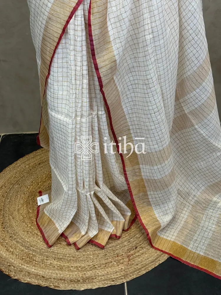 LINEN ZARI CHECKS RED BORDER ONAM SAREE