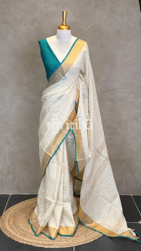 LINEN ZARI CHECKS TEAL GREEN BORDER ONAM SAREE