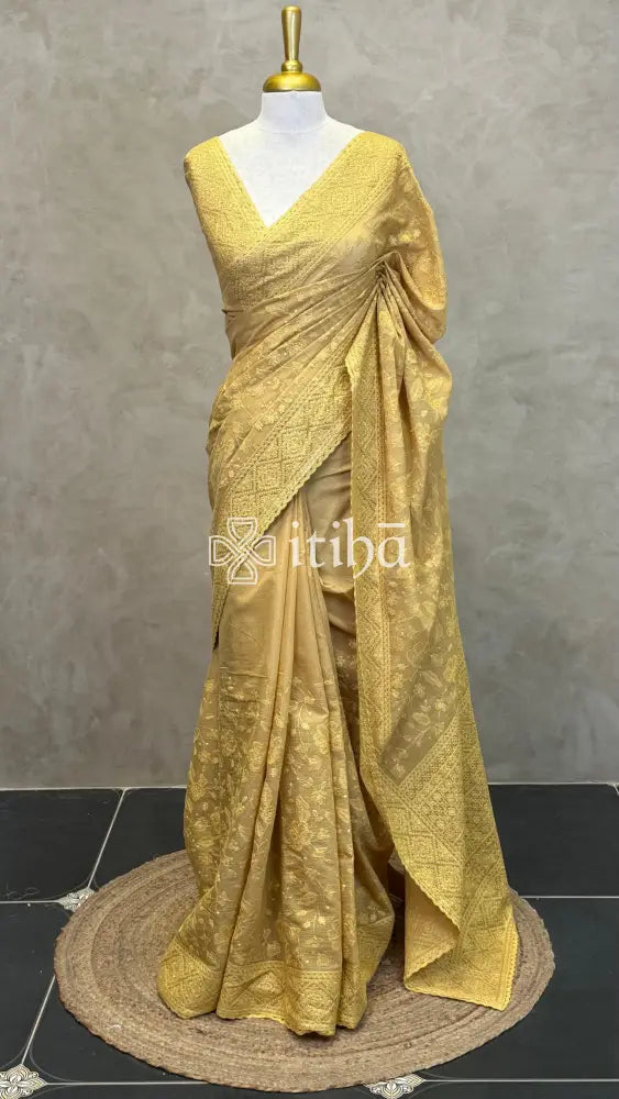 MUL CHANDERI CHIKANKARI EMBROIDERY SAREE - GOLDEN YELLOW