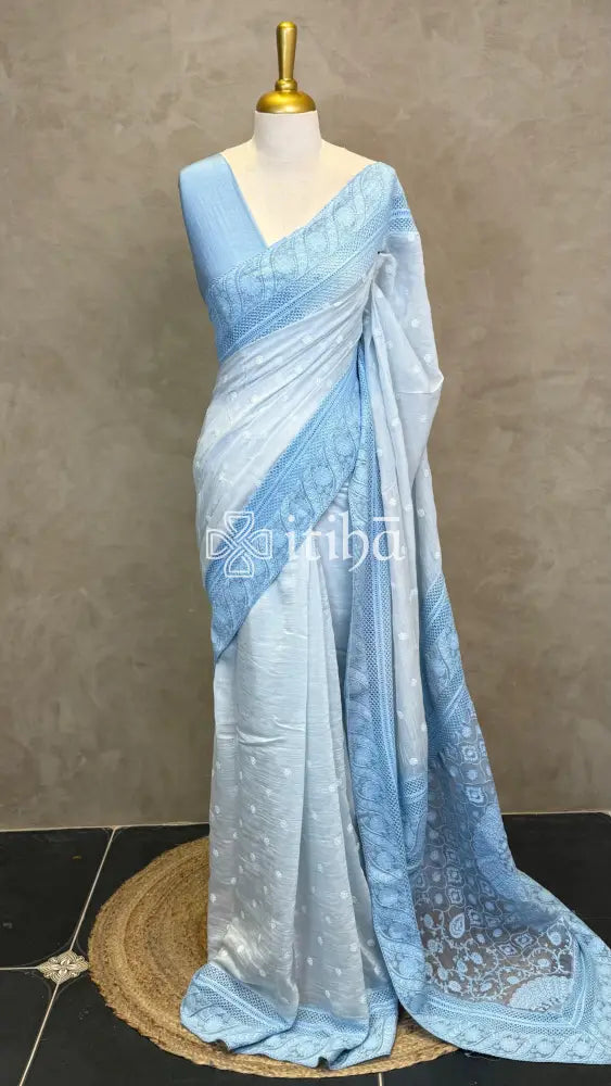 MUL CHANDERI CHIKANKARI EMBROIDERY SAREE - light blue