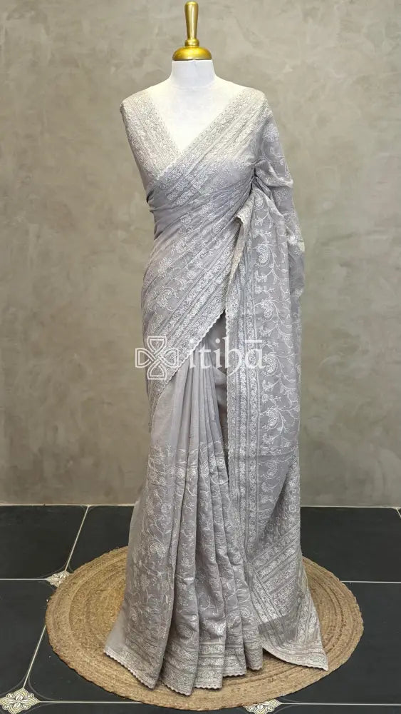 MUL CHANDERI CHIKANKARI EMBROIDERY SAREE - LIGHT GREY