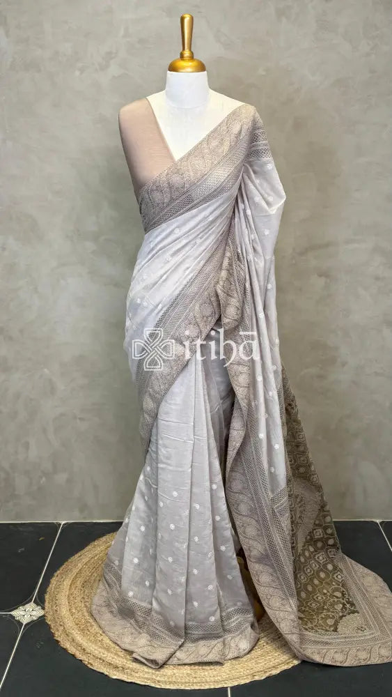 MUL CHANDERI CHIKANKARI EMBROIDERY SAREE - LILAC BROWN