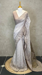 MUL CHANDERI CHIKANKARI EMBROIDERY SAREE - LILAC BROWN