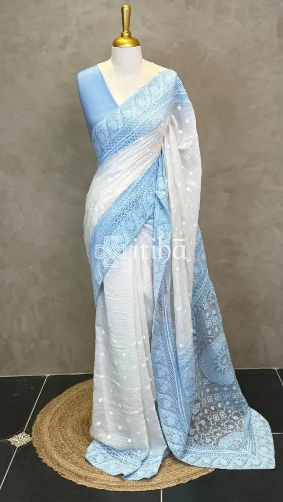 MUL CHANDERI CHIKANKARI EMBROIDERY SAREE - OFF WHITE