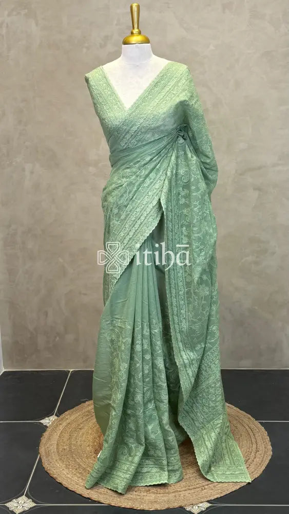 MUL CHANDERI CHIKANKARI EMBROIDERY SAREE - PASTEL GREEN