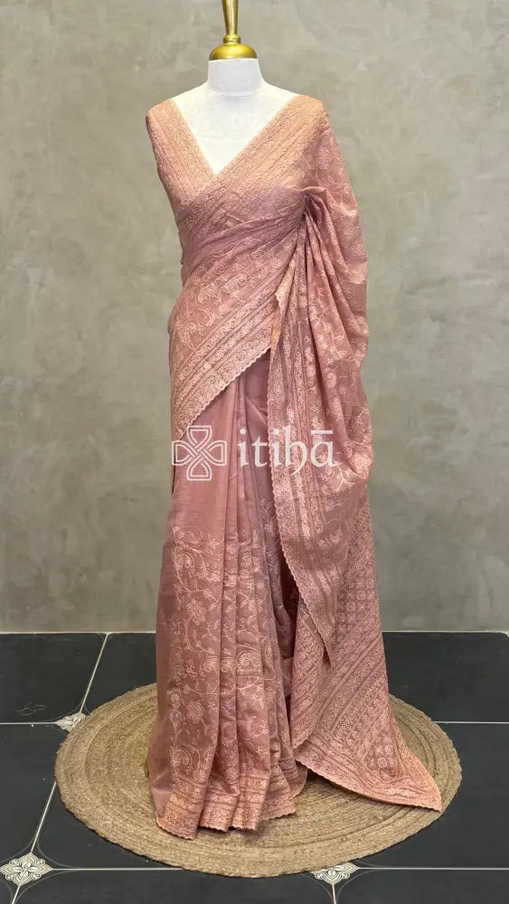 MUL CHANDERI CHIKANKARI EMBROIDERY SAREE - PASTEL PEACH