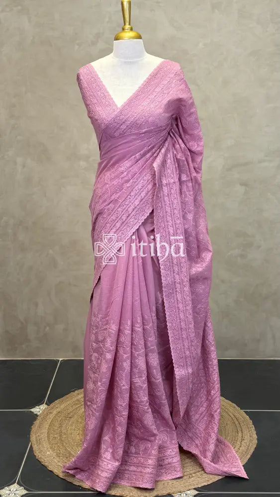 MUL CHANDERI CHIKANKARI EMBROIDERY SAREE - PASTEL PINK