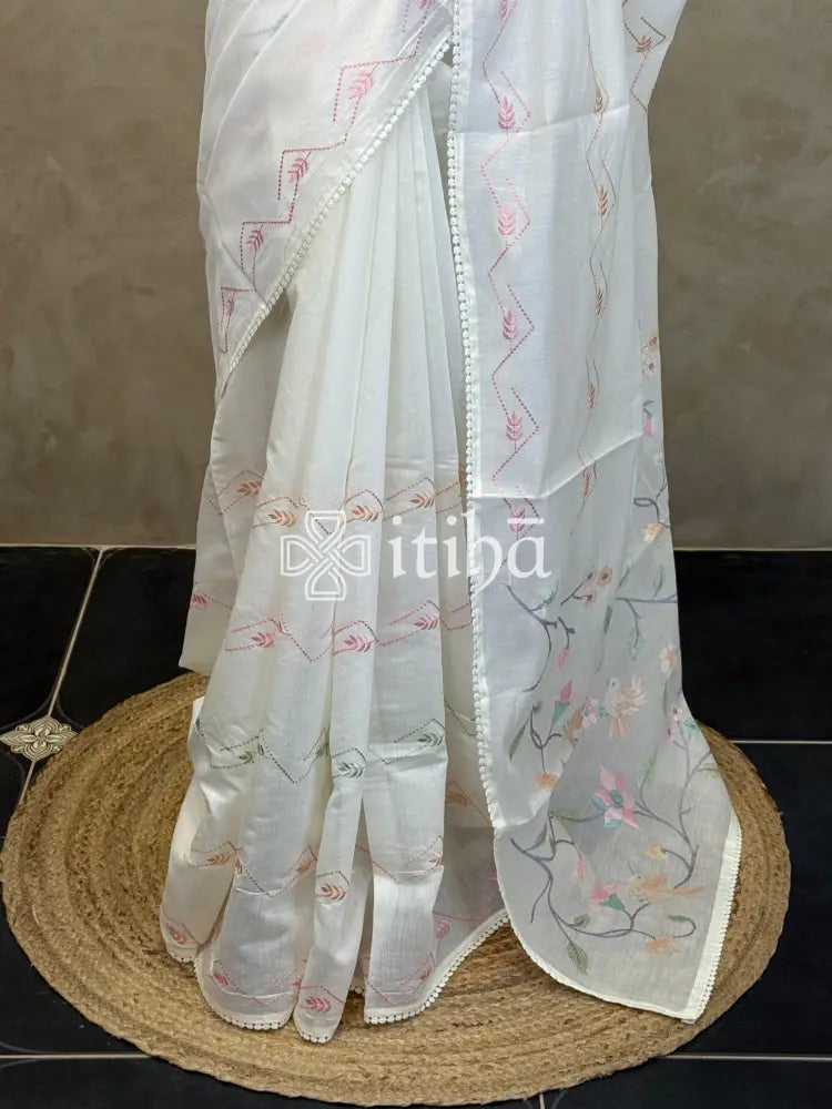 MUL CHANDERI EMBROIDERY SAREE