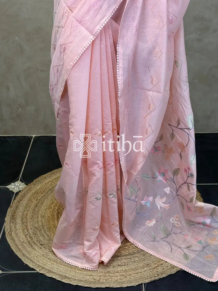 MUL CHANDERI EMBROIDERY SAREE