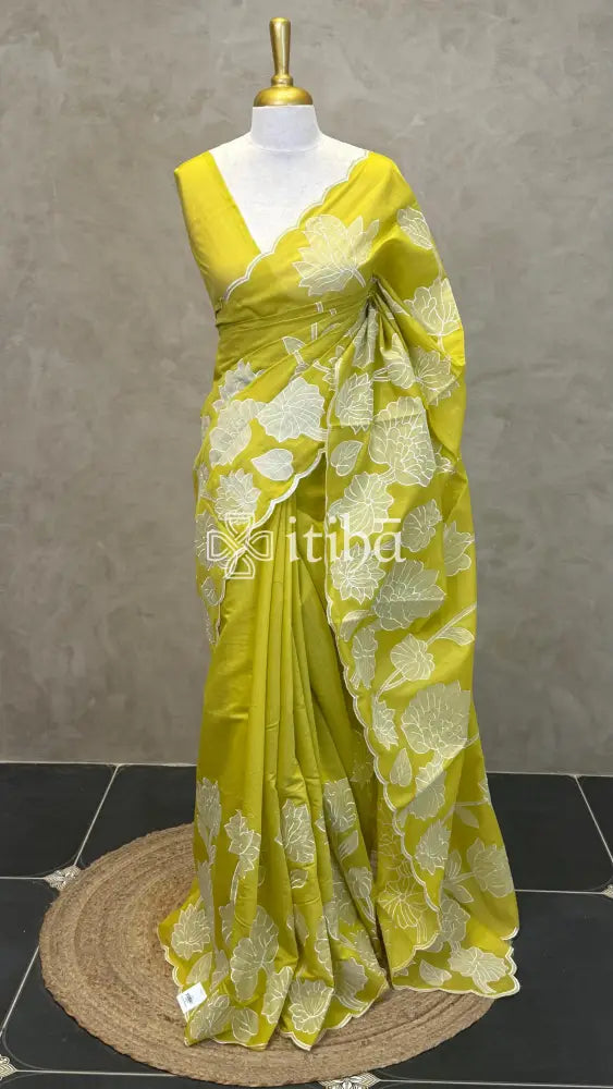 MUL CHANDERI EMBROIDERY SAREE - GREENISH YELLOW