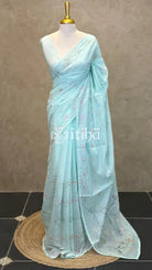 MUL CHANDERI EMBROIDERY SAREE - LIGHT BLUE