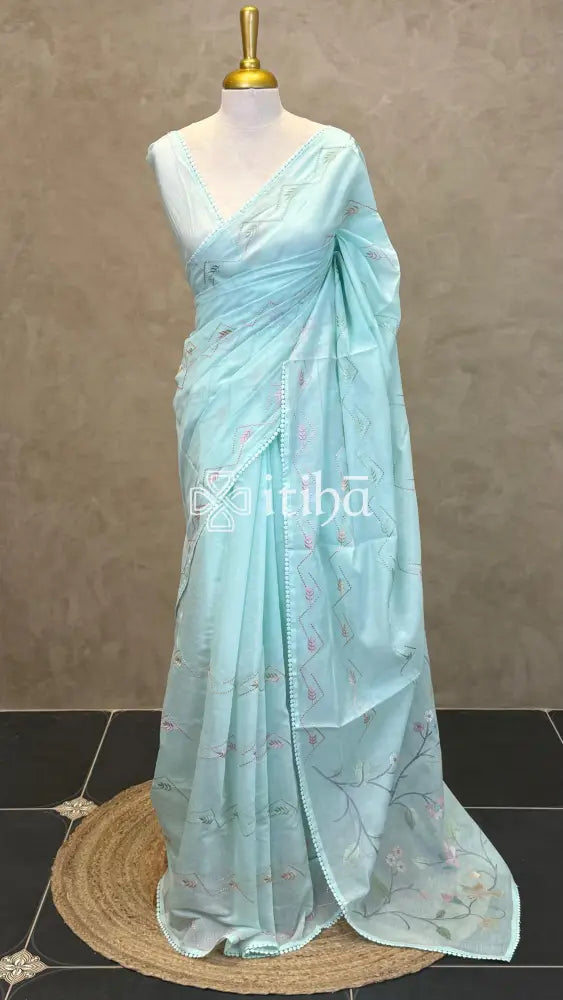 MUL CHANDERI EMBROIDERY SAREE - LIGHT BLUE