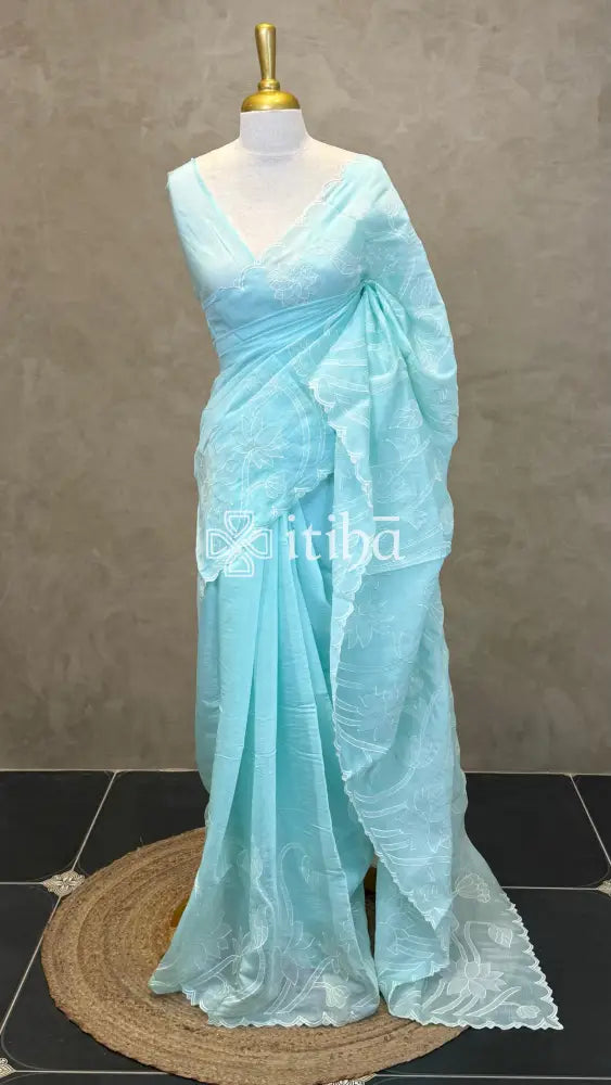 MUL CHANDERI EMBROIDERY SAREE - LIGHT BLUE