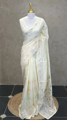 MUL CHANDERI EMBROIDERY SAREE - LIGHT YELLOW