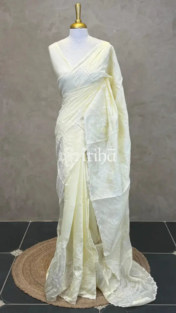 MUL CHANDERI EMBROIDERY SAREE - LIGHT YELLOW