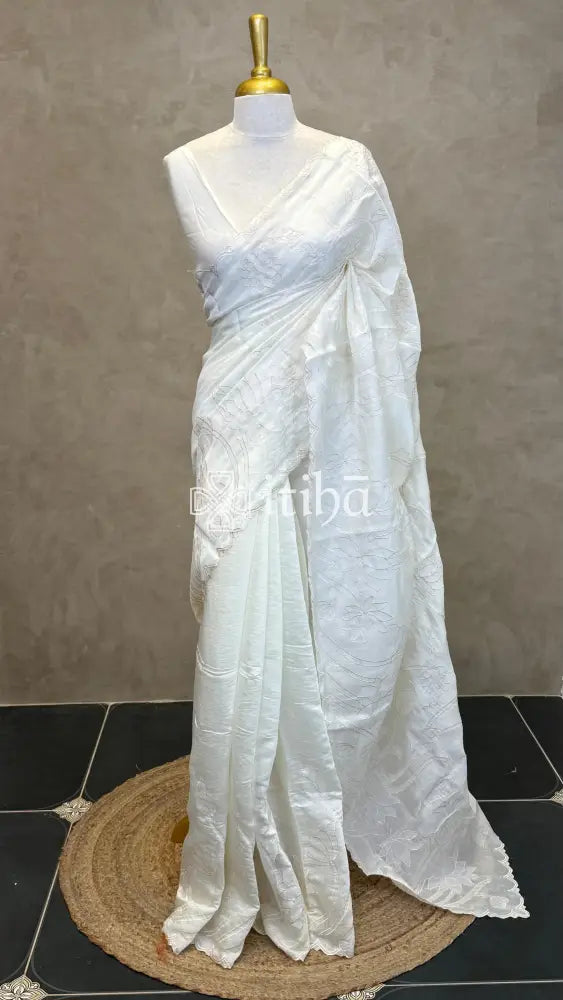 MUL CHANDERI EMBROIDERY SAREE - OFF WHITE