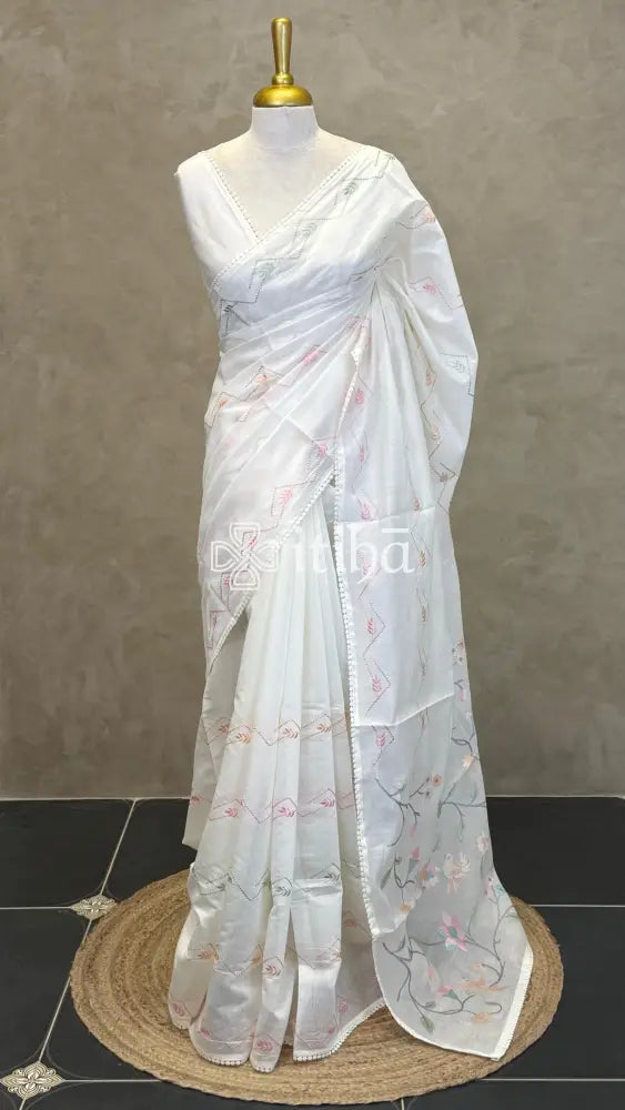 MUL CHANDERI EMBROIDERY SAREE - OFF WHITE