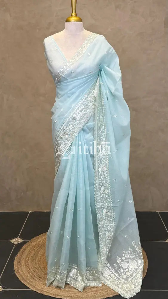 NET KOTA EMBROIDERY SAREE - LIGHT BLUE