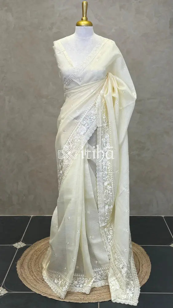 NET KOTA EMBROIDERY SAREE - LIGHT YELLOW