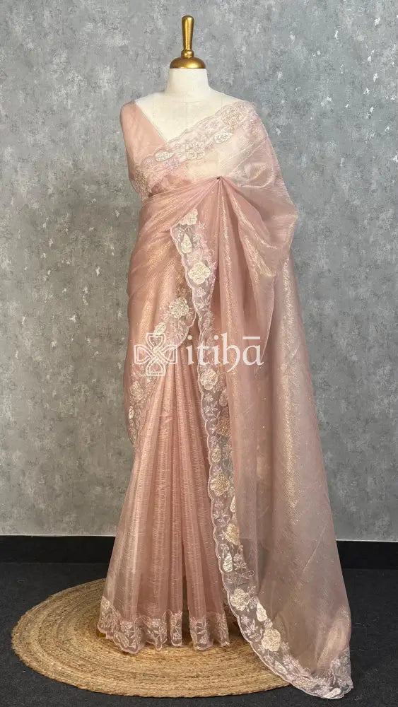 ORGANZA APPLIQUE EMBROIDERY HANDWORKED DESIGNER SAREE