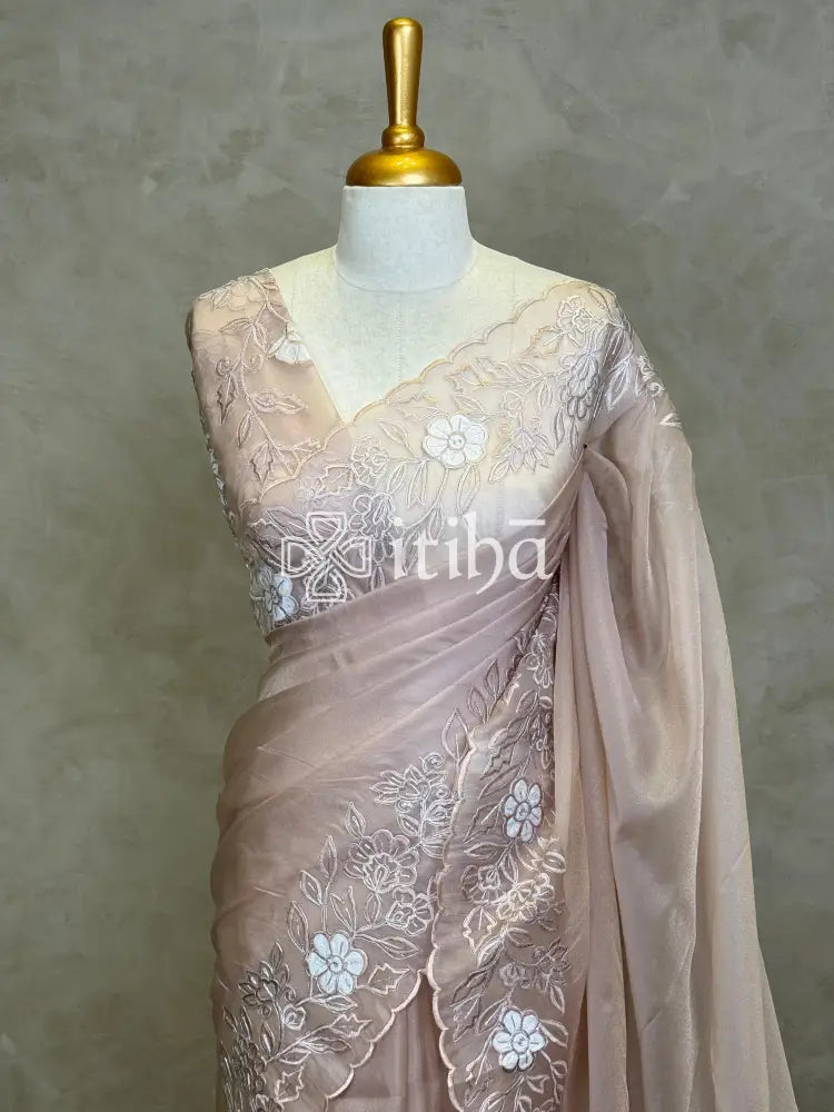 ORGANZA APPLIQUE EMBROIDERY SAREE - NUDE PINK