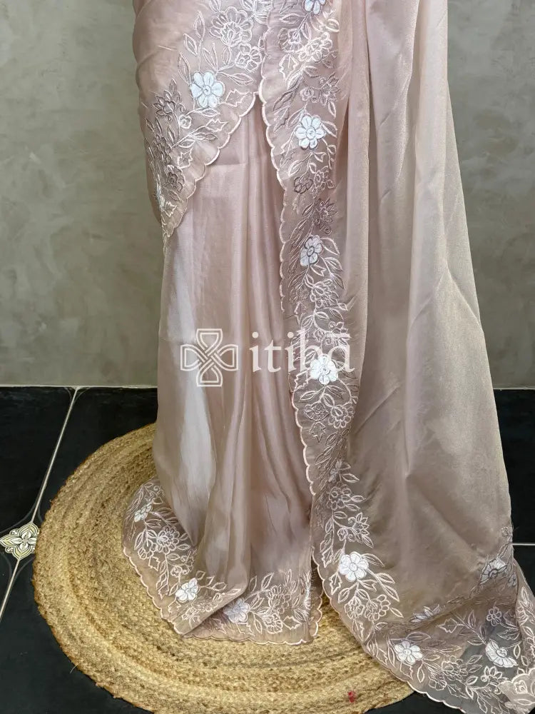 ORGANZA APPLIQUE EMBROIDERY SAREE - NUDE PINK