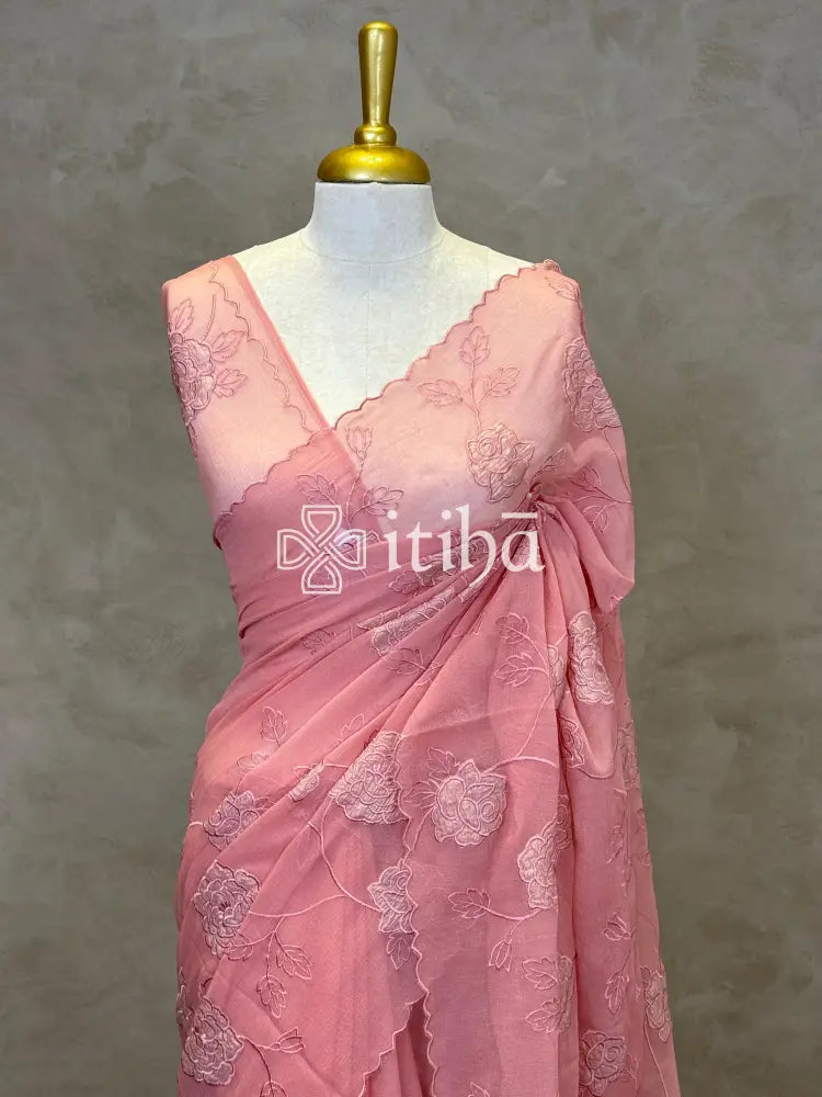 ORGANZA APPLIQUE EMBROIDERY SAREE - PEACH